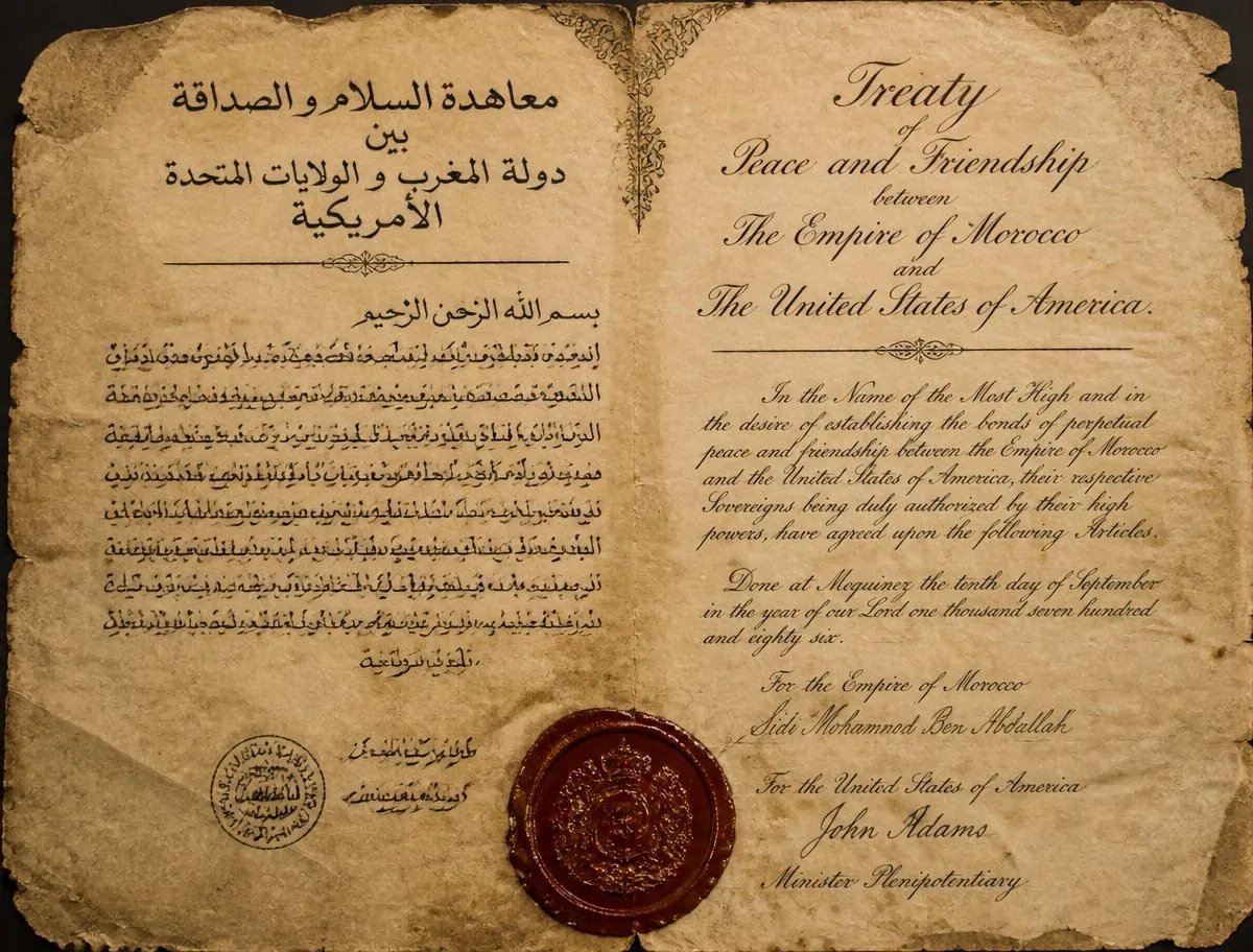 Artistic recreation of the 1786 Treaty of Peace and Friendship, showing Arabic and English pages side by side